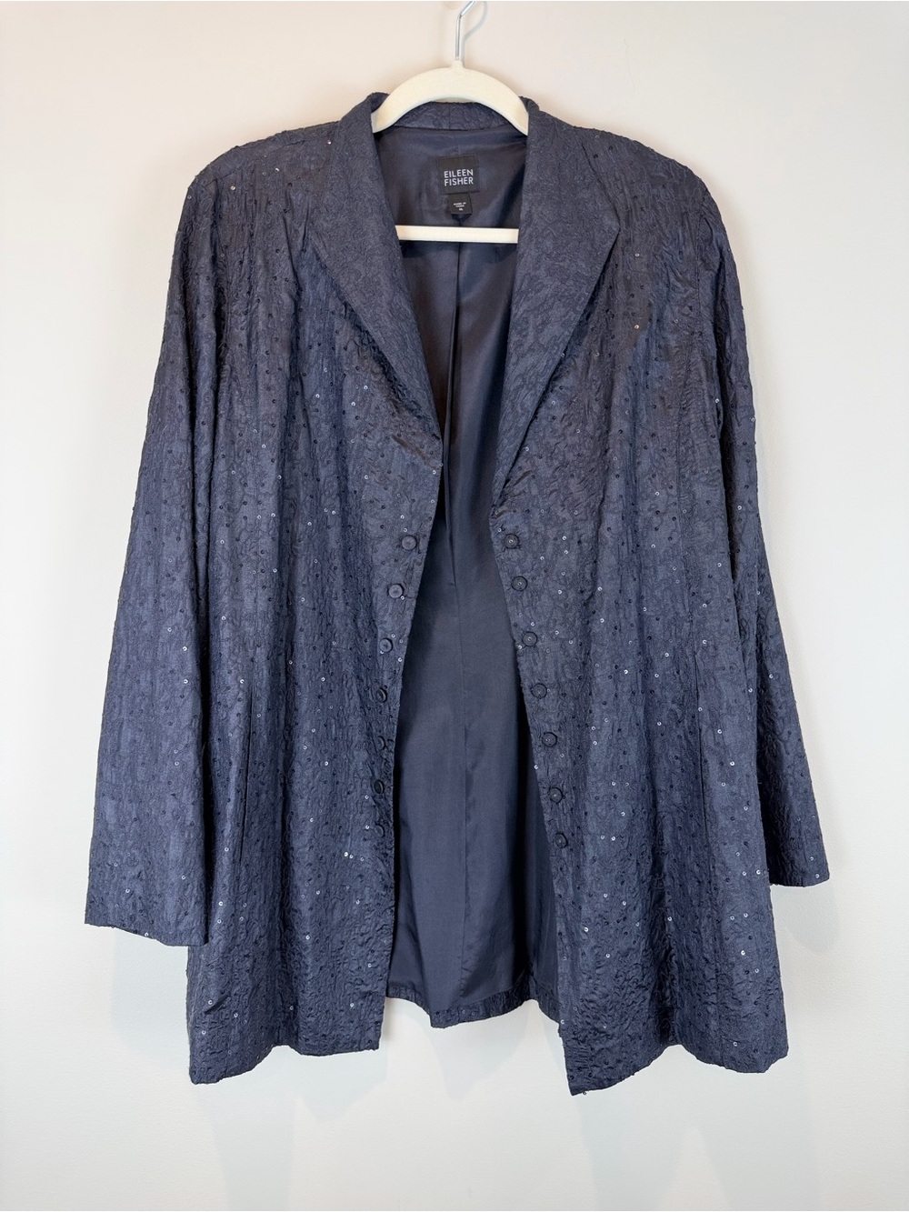 Eileen Fisher Black Silk Sequin-Embellished Open Front Blazer Size Medium